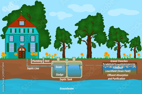 Mobile home septic system and drain field scheme. Underground septic system diagram. Typical household septic tank. External network of private home sewage treatment system. Stock vector illustration