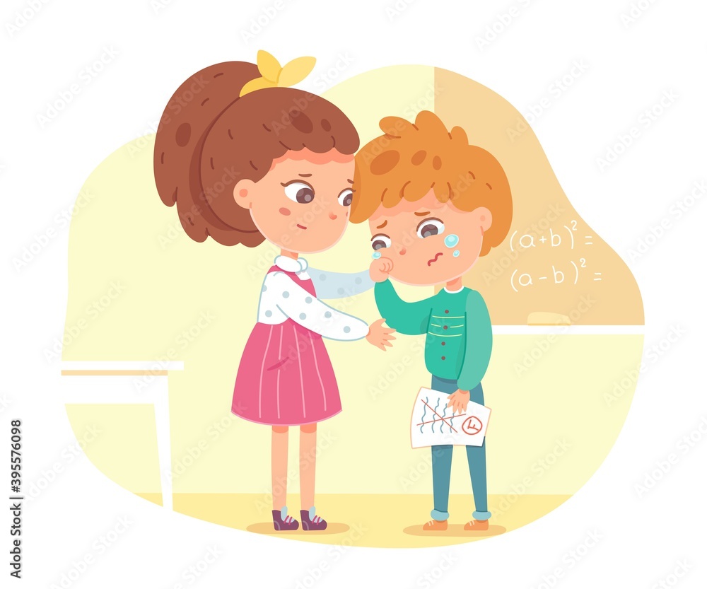 Friend supports and comforts sad kid in school. Empathy, compassion and love vector illustration. Boy crying after receiving bad mark on test. Girl consoling and caring, sympathy