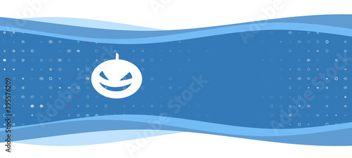 Blue wavy banner with a white halloween pumpkin symbol on the left. On the background there are small white shapes, some are highlighted in red. There is an empty space for text on the right side