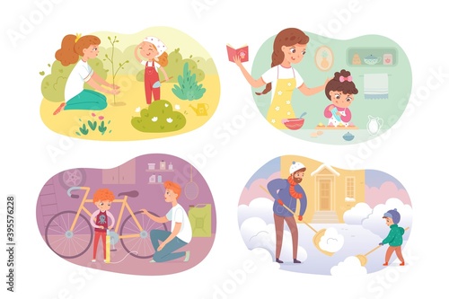 Kids helping parents set. Girls and boys help mother, father and brother with housework. Childhood helpers vector illustration. Cooking with mom, planting tree, removing snow, repairing bike
