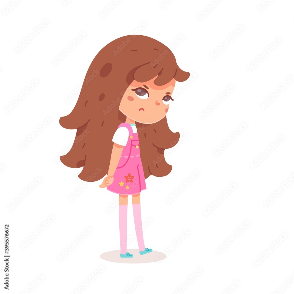 Sad angry girl standing. Frustrated child with dislike face expression. Negative emotion and distress vector illustration. Cute little kid in bad mood on white background Sad angry girl standing. Frustrated child with dislike face expression. Negative emotion and distress vector illustration. Cute little kid in bad mood on white background