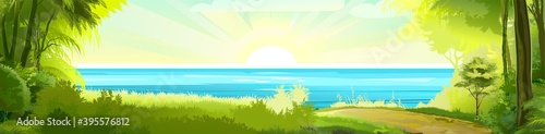A touching gentle seaside landscape. Tropical trees by the sea  ocean. Road to the shore. Thick grass. Bright morning sun with rays. The glitter of the waves. Barely noticeable clouds. Illustration.