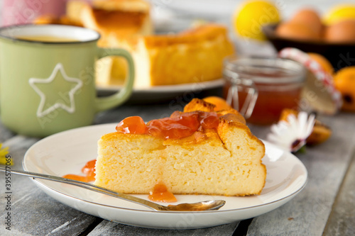 Piece of cheesecake with medlar jelly