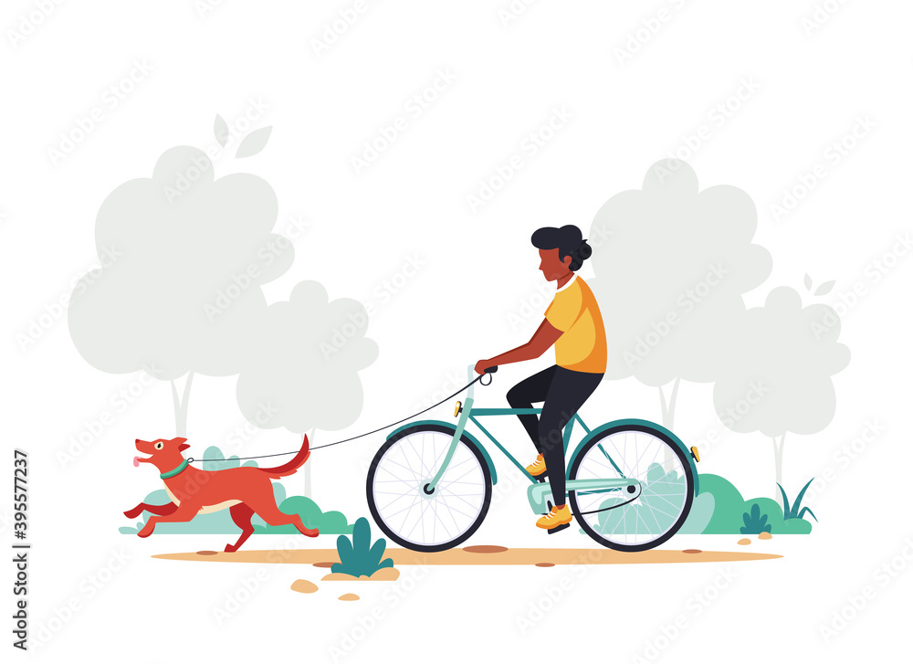 Black man riding bike with dog. Healthy lifestyle, outdoor activity concept. Vector illustration.