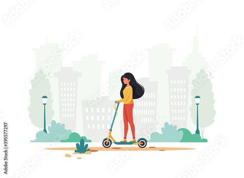 Woman riding electric kick scooter. Eco transport concept. Vector illustration