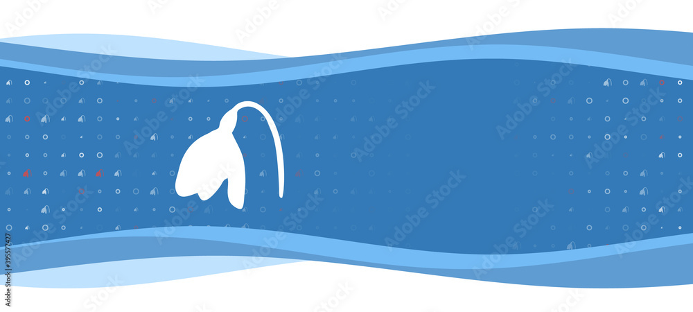 Blue wavy banner with a white snowdrop symbol on the left. On the background there are small white shapes, some are highlighted in red. There is an empty space for text on the right side
