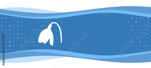 Blue wavy banner with a white snowdrop symbol on the left. On the background there are small white shapes, some are highlighted in red. There is an empty space for text on the right side