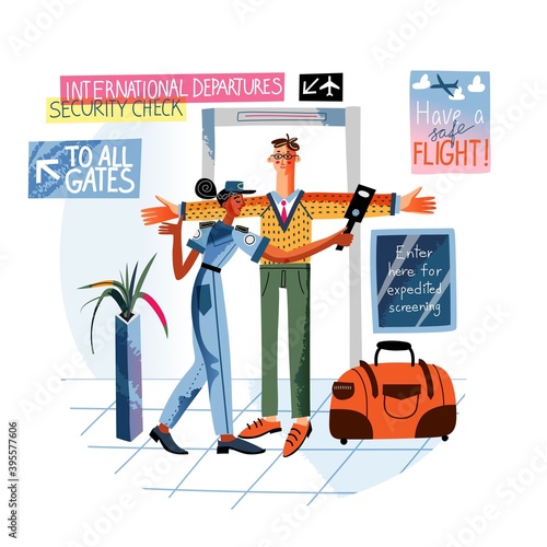 Airport security check at terminal. Travel control at departure gate, woman police officer scanning man with detector at hall. Airplane guard inspection vector illustration