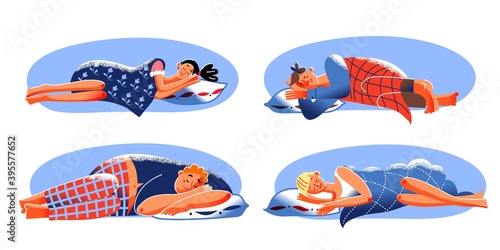 People sleeping on pillows at home set. Happy men and women lying under blanket in pajamas asleep at night. Bedtime at house vector illustration. Resting and smiling in sleep