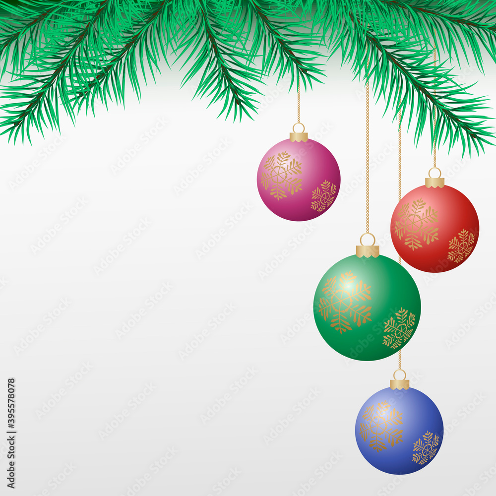 Christmas tree branch, balls and golden snowflakes. Vector illustration. Christmas tree branch, balls and golden snowflakes. Vector illustration.