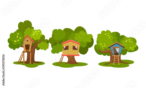 Tree Houses as Wooden Hut in Tree Crown with Ladders Vector Set