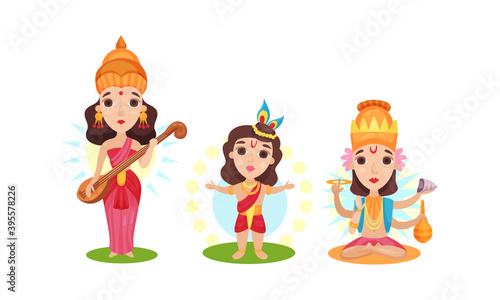 Indian Deity as Gods and Goddesses in Hinduism Vector Set