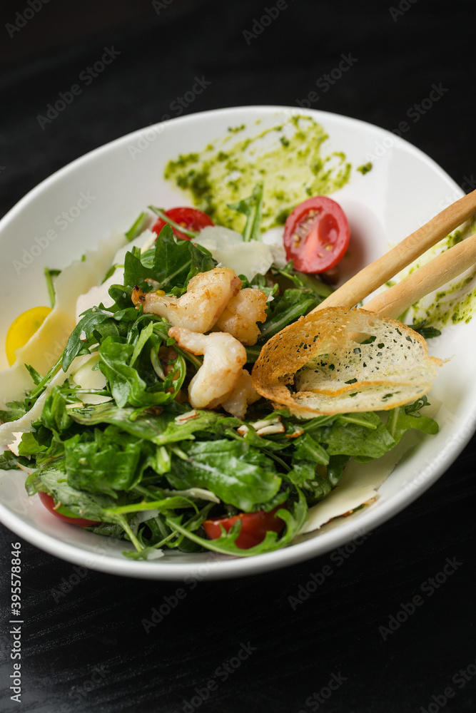 Salad with grilled prawns in restaurant Salad with grilled prawns in restaurant