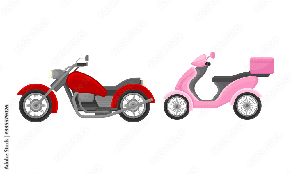 Motorcycle or Motorbike as Two-wheeled Motor Vehicle Side View Vector Set