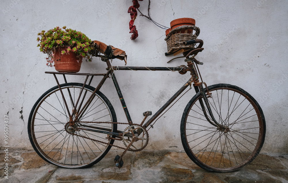 old bicycle in the street with flowers