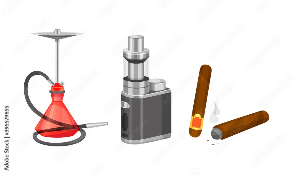 Cigarette with Tobacco and Hookah with Glass Water Basin Vector Set