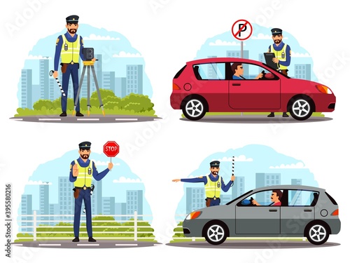 Police officer regulating traffic on road set. Policeman stopping car, standing with camera device, showing stop sign, giving signal to drive. Safe driving vector illustration