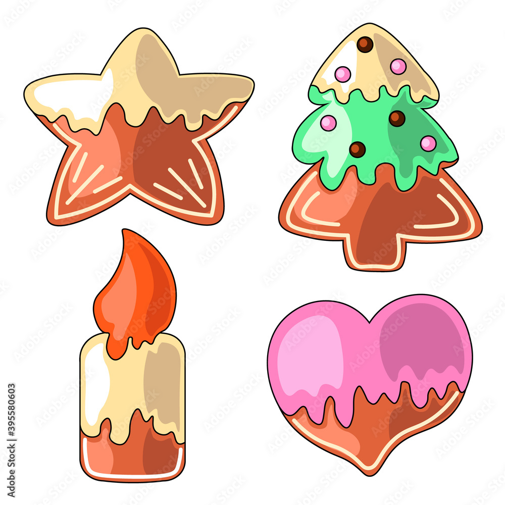 Set of drawn cartoon gingerbread cookies in color Set of drawn cartoon gingerbread cookies in color