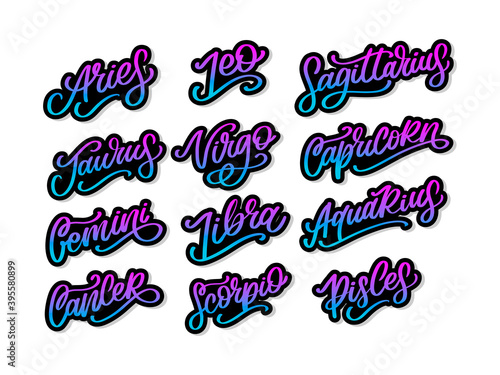 Zodiac lettering Vector Sign. Cartoon astrology text illustration. Horoscope handwritten icon set.