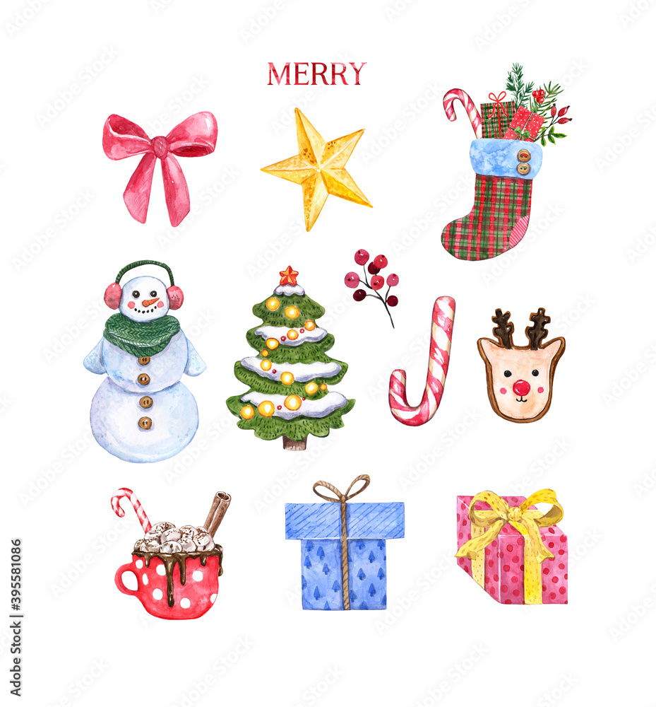 Watercolor Christmas illustrations set. Watercolor hand painted snowman, Rudolf cookie, hot cocoa mug, candy cane, socks stocking, gifts, holiday fir tree, star isolated on white background.