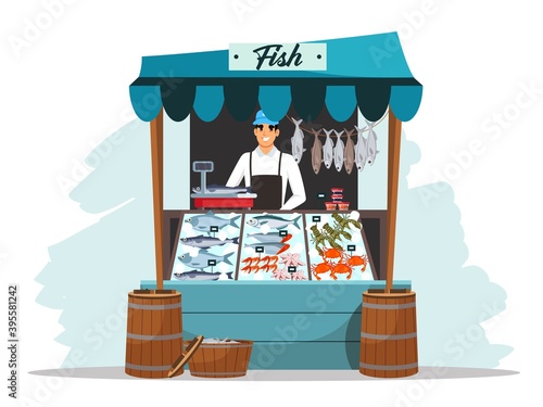 Man seller sells fresh organic fish in street shop. Seasonal outdoor farmer local market. Vector concept of retail business, small business, private enterprise, healthy food.