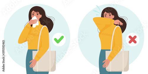 Female character sneezing and coughing right and wrong. Virus prevention spread. Vector illustration in flat style