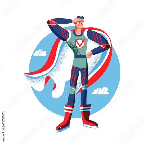 Male superhero in costume thinking. Superman with cape vector illustration. Cartoon comic book man with powers posing on blue sky background. Brave thoughtful boy standing