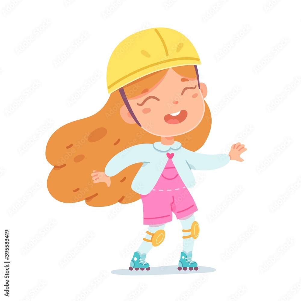 Kid riding on roller skates. Happy smiling girl skating in helmet and protection isolated on white background. Recreation at skatepark playground vector illustration. Modern youth leisure