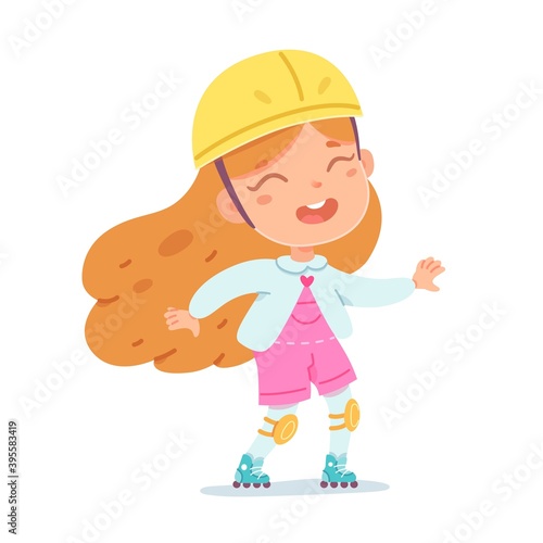 Kid riding on roller skates. Happy smiling girl skating in helmet and protection isolated on white background. Recreation at skatepark playground vector illustration. Modern youth leisure