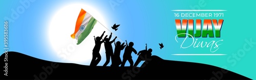 Vector illustration of Vijay Diwas (VICTORY DAY)banner, 16 december 1971, India flag, soldier with rifle and helmet, flying birds, banner template for websites.