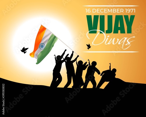 Vector illustration of Vijay Diwas (VICTORY DAY)banner, 16 december 1971, India flag, soldier with rifle and helmet, flying birds, banner template for websites.