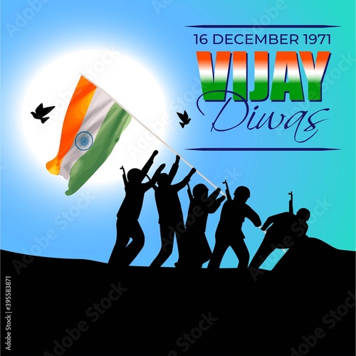 Vector illustration of Vijay Diwas (VICTORY DAY)banner, 16 december 1971, India flag, soldier with rifle and helmet, flying birds, banner template for websites.
