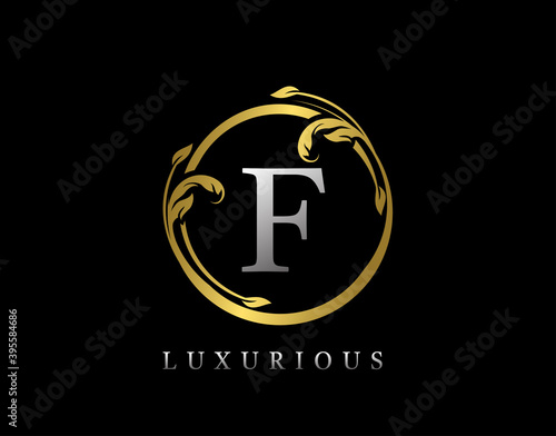 Luxury Circle Letter F Floral Design. Vintage Gold F Swirl Logo Icon.