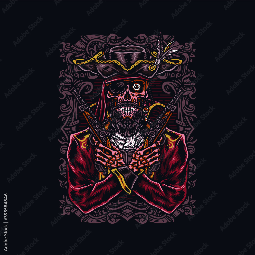 Obraz premium Pirate skull holding a gun, hand drawn line style with digital color, vector illustration, isolated on dark background