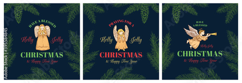 Merry Christmas Abstract Vector Retro Labels, Signs or Logo Templates Set. Colorful Hand Drawn Praying Angels Sketch Illustration Cards Collection. Dark Background with Pine Branches Decoration