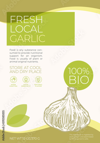 Fresh Local Vegetables Label Template. Abstract Vector Packaging Design Layout. Modern Typography Banner with Hand Drawn Garlic Sketch Silhouette Background. Isolated