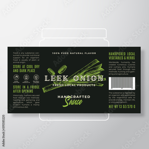 Handcrafted Vegetables and Herbs Sauce Label Template. Abstract Vector Packaging Design Layout. Modern Typography Banner with Hand Drawn Leek Onion Silhouette Background. Isolated