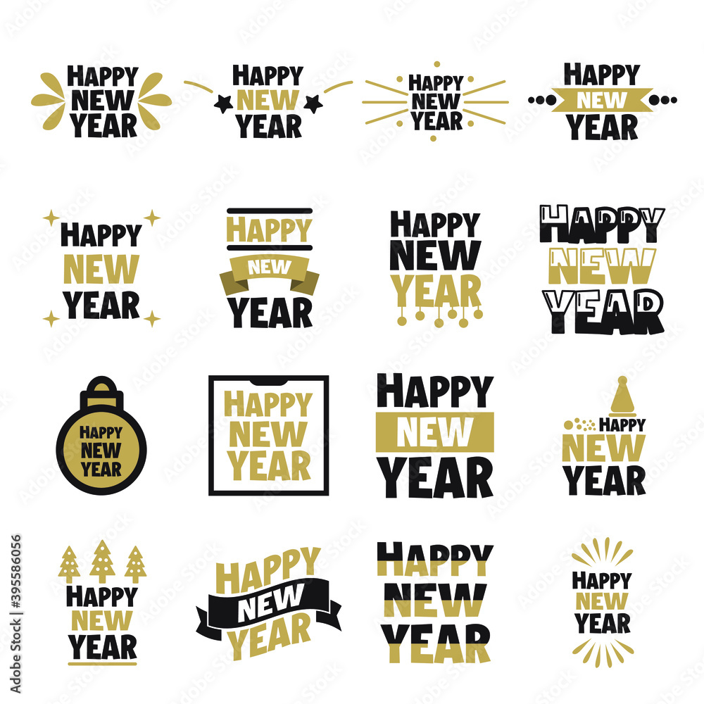 Set, collection of Happy New Year 2020 icons, holiday, simple lettering typography, gift or invitational card, invitation EPS Vector