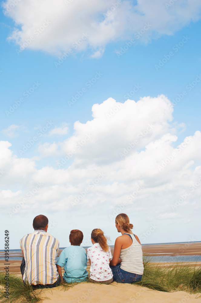 Rear View Of Family Enjoying Beach View