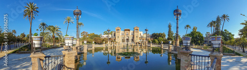 Panorama of the Museum of Popular Arts, Mudejar pavilion located in the Maria Luisa park in Seville, Andalucia, Spain