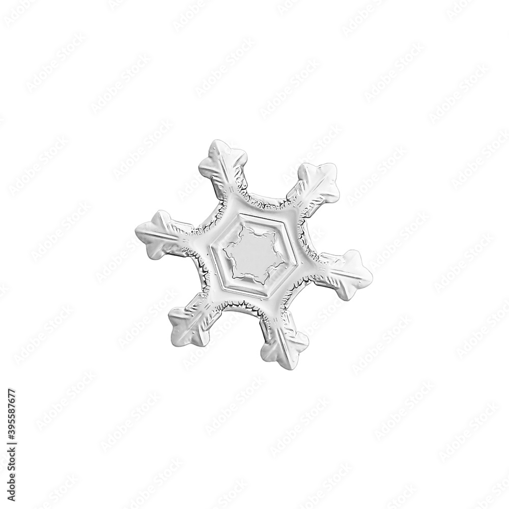 Snowflake isolated on white background. Macro photo of real snow crystal: elegant star plate with hexagonal symmetry, glossy 3d surface, massive central hexagon and short, ornate arms. Snowflake isolated on white background. Macro photo of real snow crystal: elegant star plate with hexagonal symmetry, glossy 3d surface, massive central hexagon and short, ornate arms.