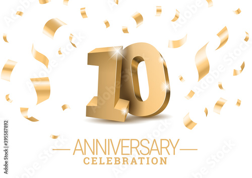 Anniversary 10. gold 3d dancing numbers. Poster template for Celebrating 10th anniversary event party. Vector illustration