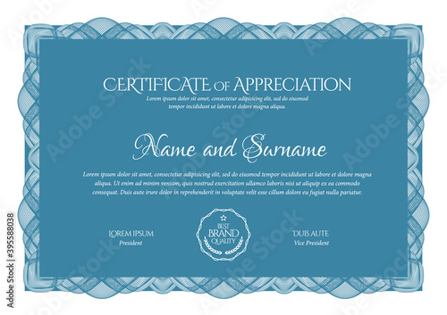 Certificate Template. Diploma of modern design or gift certificate. Frame from guilloche pattern. Elegant and expensive design. Vector illustration.