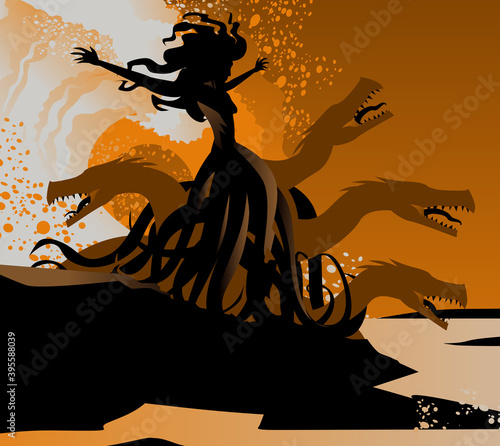orange and black scylla sea monster