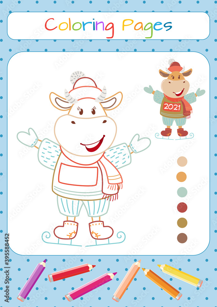 Fototapeta premium Cute cartoon cow. Vector illustration with bull, symbol of the Chinese new year 2021. Cow on ice. Coloring pages.