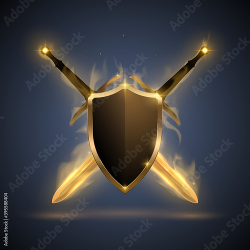 Shield and two cross swords with gold light effect