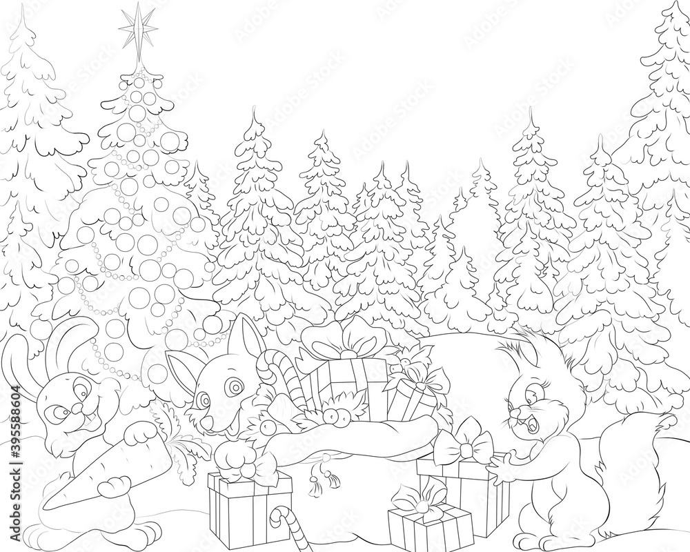 Fototapeta premium Christmas coloring book for children and adults with cute animals and a bag of gifts on the background of the winter forest
