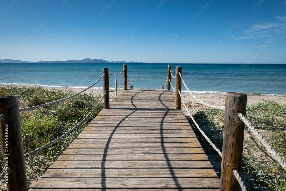 Fototapeta premium wooden path to protect the dunes, Arenal de sa Canova, Artà - Santa Margalida, Natural Area of Special Interest, Mallorca, Balearic Islands, Spain