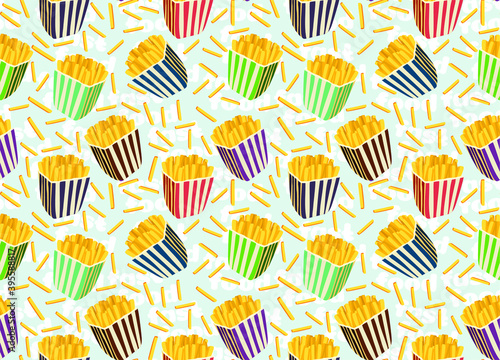 Vector seamless pattern with pitched fries. beautiful boxes with fast food. Bad food for the cinema. Appetizing background