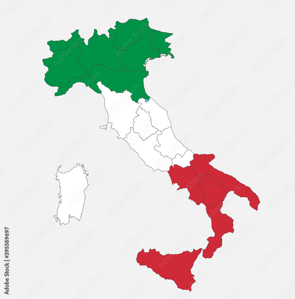 Map of the Italy in the colors of the flag with administrative divisions blank